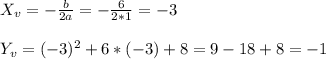 X_{v}=-\frac{b}{2a}=-\frac{6}{2*1}=-3\\\\Y_{v}=(-3)^{2}+6*(-3)+8=9-18+8=-1