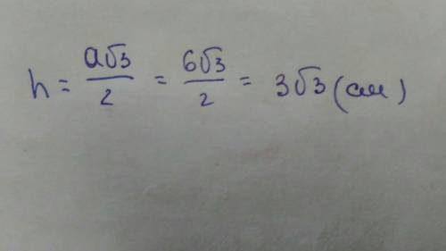 Сторона равностороннего треугольника 6 см. вычисли высоту этого треугольника.
