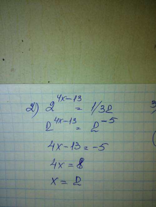 Найти корни уравнения: 1)2^(4x-13)=1/32 2)(1/-4x)=4 3)4^(x-4)=1/2