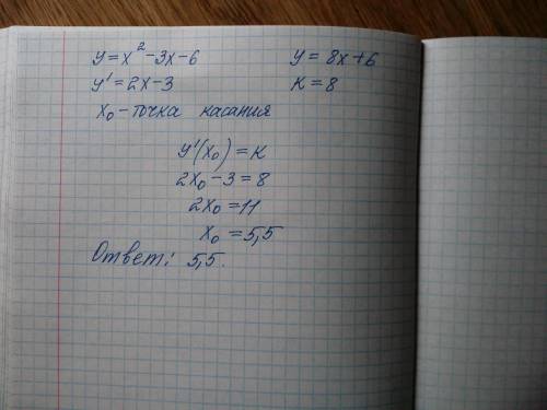 Прямая y=8x+6 параллельна касательной к графику функции y=x^2 -3x-6. найдите абсциссу точки касания​