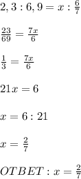 2,3 : 6,9 = x : \frac{6}{7} \\ \\ \frac{23}{69} = \frac{7x}{6} \\ \\ \frac{1}{3} = \frac{7x}{6} \\ \\ 21x=6 \\ \\ x=6 : 21 \\ \\ x = \frac{2}{7} \\ \\ OTBET: x = \frac{2}{7} 