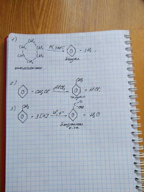 Цепочка уравнений по циклогексан+бензол+метилбензол+бензойная кислота