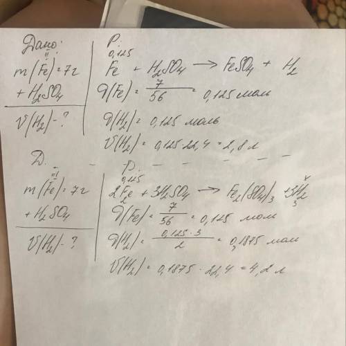 Який об'єм водню можно добути з 7 грамів заліза з сульфатною кислотою? яка маса солі утвориться?