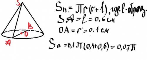Найти площадь поверхности конуса, если радиус равен 0,1 см, а образующая 0,6 см. (если можно, то с р
