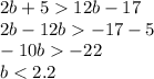 2b + 5 12b - 17 \\ 2b - 12b - 17 - 5 \\ - 10b - 22 \\ b < 2.2