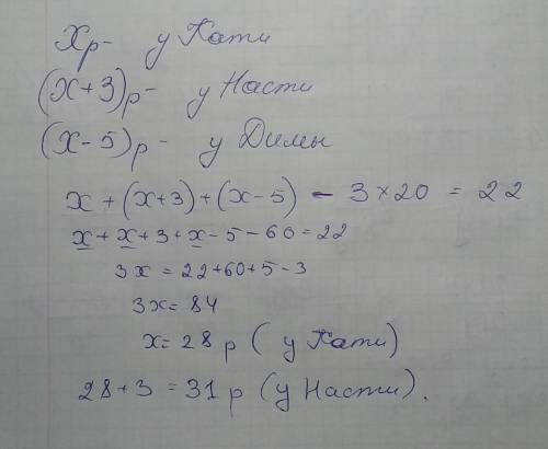 Укати было x рублей, у насти — на 3 рубля больше, а у димы — на 5 рублей меньше, чем у кати. они куп