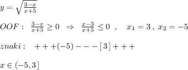 y=\sqrt{\frac{3-x}{x+5}} \\\\OOF:\; \; \frac{3-x}{x+5}\geq 0\; \; \Rightarrow \; \; \frac{x-3}{x+5}\leq 0\; \; ,\; \; \; \; x_1=3\; ,\; x_2=-5\\\\znaki:\; \; \; +++(-5)---[\, 3\, ]+++\\\\x\in (-5,3\, ]