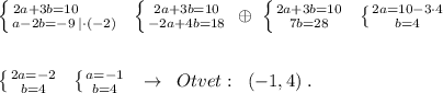 \left \{ {{2a+3b=10\qquad } \atop {a-2b=-9\, |\cdot (-2)}}\right.\; \; \left \{ {{2a+3b=10} \atop {-2a+4b=18}} \right. \; \oplus \; \left \{ {{2a+3b=10} \atop {7b=28}} \right. \; \; \left \{ {{2a=10-3\cdot 4} \atop {b=4}} \right. \\\\\\\left \{ {{2a=-2} \atop {b=4}} \right. \; \; \left \{ {{a=-1} \atop {b=4}} \right. \; \; \to \; \; Otvet:\; \; (-1,4)\; .