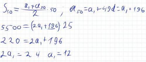 Знайдіть перший член арефметичної прогресії , різниця якої дорівнює 4 , а сума пеших п'ятидесяти чле