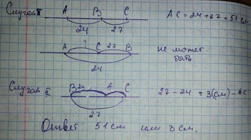 Точка a,b,c лежат на одной прямой ab=24см bc=27см какой может быть длина ac