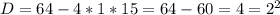 D=64-4*1*15=64-60=4=2^2