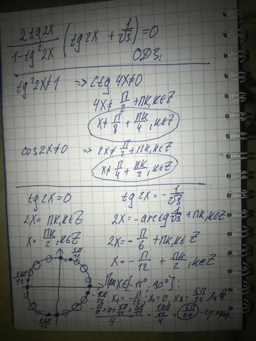 Среднее арифметическое корней уравнения: [tex]\frac{2tg2x}{1-tg^{2}2x}(tg2x+\frac{1}{\sqrt{3}})=0[/t