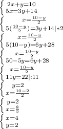 \left \{ {{2x+y=10} \atop {5x=3y+14}} \right. \\\left \{ {{x=\frac{10-y}{2} } \atop 5(\frac{10-y}{2})=3y+14 |*2 }} \right.\\\left \{ {{x=\frac{10-y}{2} } \atop {5(10-y)=6y+28}} \right.\\\left \{ {{x=\frac{10-y}{2} } \atop {50-5y=6y+28}} \right.\\\left \{ {{x=\frac{10-y}{2} } \atop {11y=22|:11}} \right.\\\left \{ {{y=2} \atop {x=\frac{10-2}{2} }} \right.\\\left \{ {{y=2} \atop {x=\frac{8}{2} }} \right.\\\left \{ {{x=4} \atop {y=2}} \right.