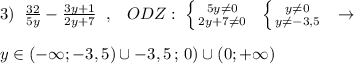 3)\; \; \frac{32}{5y}-\frac{3y+1}{2y+7}\; \; ,\; \; \; ODZ:\; \left \{ {{5y\ne 0} \atop {2y+7\ne 0}} \right.\; \; \left \{ {{y\ne 0} \atop {y\ne -3,5}} \right. \; \; \to \\\\y\in (-\infty ;-3,5)\cup -3,5\, ;\, 0)\cup (0;+\infty )