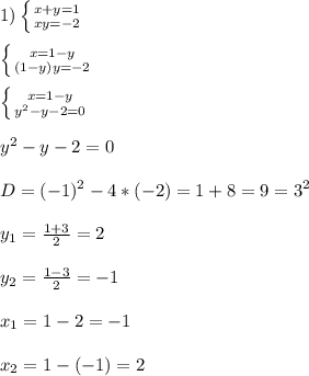 1)\left \{ {{x+y=1} \atop {xy=-2}} \right.\\\\\left \{ {{x=1-y} \atop {(1-y)y=-2}} \right.\\\\\left \{ {{x=1-y} \atop {y^{2}-y-2=0 }} \right.\\\\y^{2}-y-2=0\\\\D=(-1)^{2}-4*(-2)=1+8=9=3^{2}\\\\y_{1}=\frac{1+3}{2}=2\\\\y_{2}=\frac{1-3}{2} =-1\\\\x_{1}=1-2=-1\\\\x_{2}=1-(-1)=2