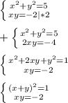 \left \{ {{x^{2}+y^{2}=5} \atop {xy=-2}|*2} \right.\\\\+\left \{ {{x^{2}+y^{2}=5} \atop {2xy=-4}} \right.\\\\\left \{ {{x^{2}+2xy+y^{2}=1} \atop {xy=-2}} \right.\\\\\ \left \{ {{(x+y)^{2} =1} \atop {xy=-2}} \right.