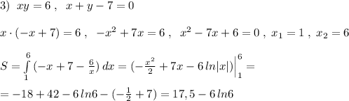 3)\; \; xy=6\; ,\; \; x+y-7=0\\\\x\cdot (-x+7)=6\; ,\; \; -x^2+7x=6\; ,\; \; x^2-7x+6=0\; ,\; x_1=1\; ,\; x_2=6\\\\S=\int\limits^6_1\, (-x+7-\frac{6}{x})\, dx=(-\frac{x^2}{2}+7x-6\, ln|x|)\Big |_1^6=\\\\=-18+42-6\, ln6-(-\frac{1}{2}+7)=17,5-6\, ln6