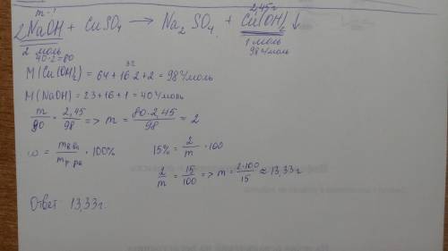 Краствору с массовой долей гидроксида натрия 15% добавили избыток раствора сульфата меди (ii). при э