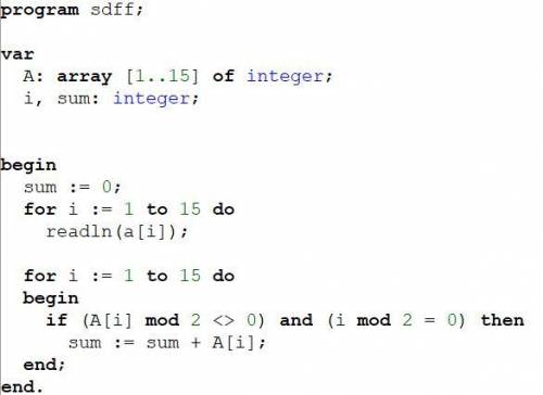 15 , написать программу на pascal. условие: дан массивиз 15 элементов. 1)найти сумму чисел элементов