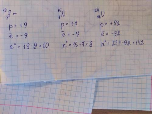 Определите число протонов электронов и нейтронов в атоме азота 7n15 атоме фтора 9f19 атома урана 92u