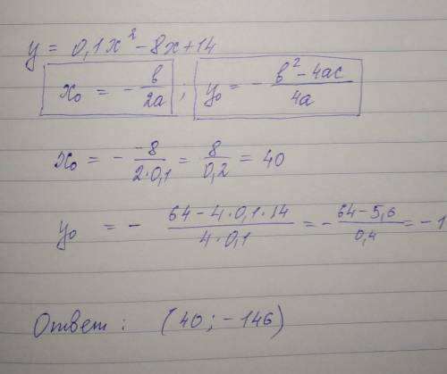 Найди координаты вершины параболы y=0,1x2−8x+14.