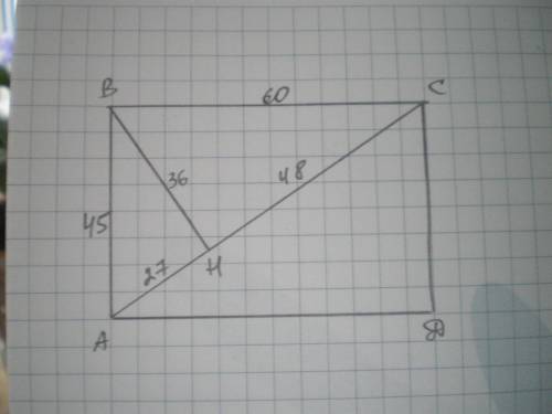Перпендикуляр, опущений із вершини прямокутника ділить його діагональ на відрізки 27 см і 48 см. обч