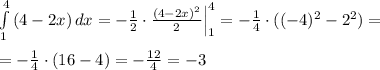 \int\limits^4_1\,(4-2x)\, dx=-\frac{1}{2}\cdot \frac{(4-2x)^2}{2}\Big |_1^4=-\frac{1}{4}\cdot ((-4)^2-2^2)=\\\\=-\frac{1}{4}\cdot (16-4)=-\frac{12}{4}=-3