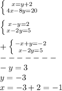 \left \{ {{x=y+2} \atop {4x-8y=20}} \right.\\\\\left \{ {{x-y=2} \atop {x-2y=5}} \right.\\\\+\left \{ {{-x+y=-2} \atop {x-2y=5}} \right.\\ -------\\-y=3\\y=-3\\x=-3+2=-1