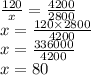  \frac{120}{x} = \frac{4200}{2800} \\ x = \frac{120 \times 2800}{4200} \\ x = \frac{336000}{4200} \\ x = 80