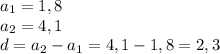 a_{1} = 1,8\\a_{2} = 4,1\\d = a_{2} - a_{1} = 4,1 - 1,8 = 2,3