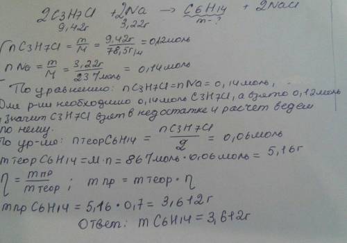 Рассчитайте массу углеводорода, который можно получить при взаимодействии 1-хлорпропана массой 9,42 