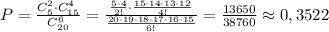 P=\frac{C_5^2\cdot C_{15}^4}{C_{20}^6}=\frac{\frac{5\cdot 4}{2!}\cdot \frac{15\cdot 14\cdot 13\cdot 12}{4!}}{\frac{20\cdot 19\cdot 18\cdot 17\cdot 16\cdot 15}{6!}}=\frac{13650}{38760}\approx 0,3522