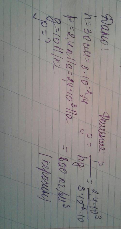Сосуд высоты 30 см налили жидкость, она давит на дно весом 2,4 кпа. найти её плотность.​