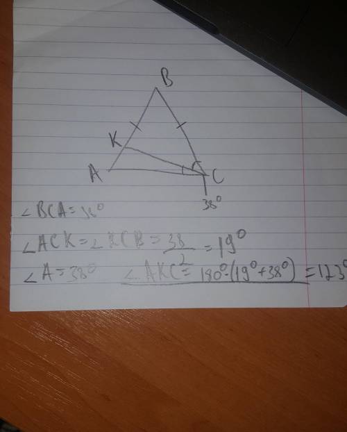 Дано: δabc равноб. ac-основ. ck-бисс. найти угол akc,если угол bca = 38 градусов