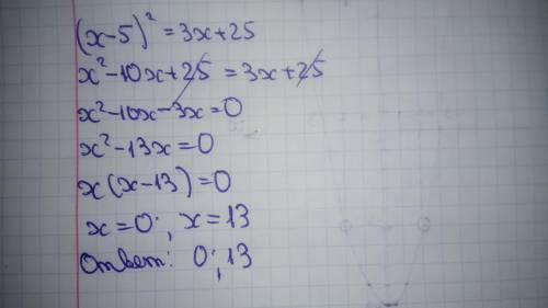 Решить, , уравнение, с заменой переменной: (x-5)^2=3x+25