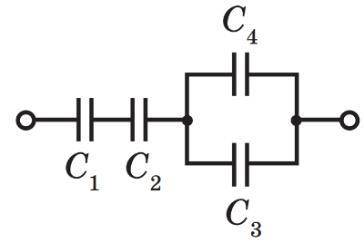 Визначити ємність батареї конденсаторів (див. рисунок), якщо C1=C2=C3=2 мкФ,C4=6 мкФ.