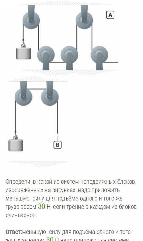 Определи, в какой из систем неподвижных блоков, изображённых на рисунках, надо приложить меньшую сил