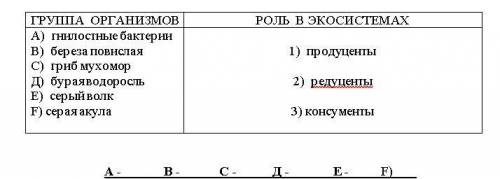 Установите соответствие между группой организмов и ее ролью в экосистеме.