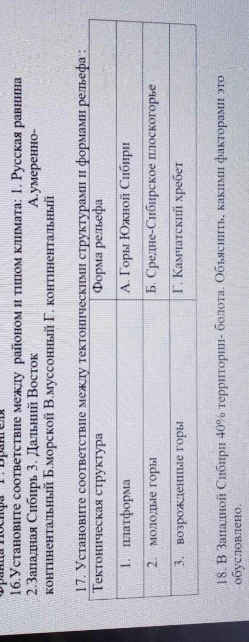 16. Установите соответствие между районом и типом климата: 1. Русская равнина2.Западная Сибирь 3. Да