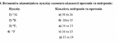 Решите не сложные тест по химии. Встановіть відповідність нукліду елемента кількості протонів та ней