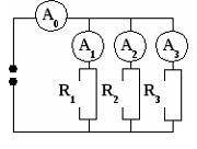 В схеме амперметр А3 показывает силу тока 6 А, амперметр А1-силу тока 2 А, амперметр АО-12 А. Сопрот