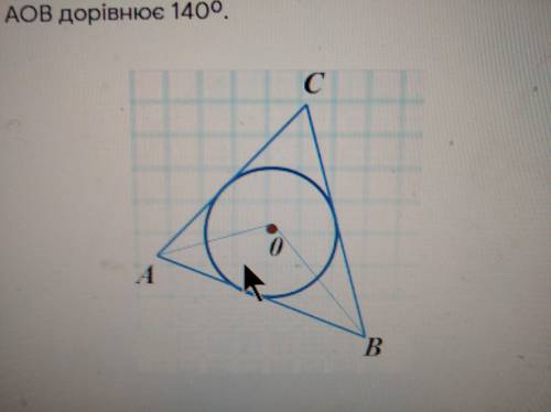 Точка О - центр вписаного кола у трикутник АВС,АО=ОА. Знайдіть кут АВС, якщо кут АОВ дорівнює 140°