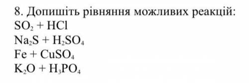 Допишіть рівняння можливих реакцій: SO2 + HCI ; Na2S + H2SO4 ; Fe + CUSO4 ; K2O + H3PO4