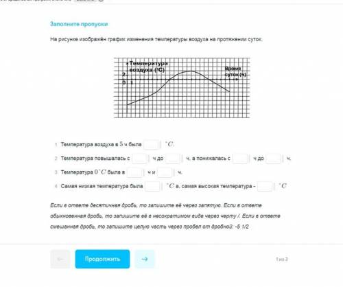 1 .Температура воздуха в 5ч была ... С 2. Температура повышалась с ... ч до ... ч , а понижалась С .