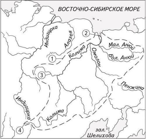 Какие элементы реки Колымы обозначены на картосхеме цифрами 1 – 4?