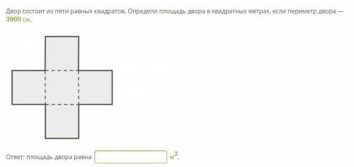 Двор состоит из пяти равных квадратов. Определи площадь двора в квадратных метрах, если периметр дво