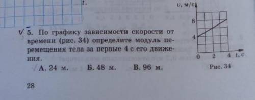 По графику зависимости скорости от времени определите модуль перемещения тела за первые 4с его движе