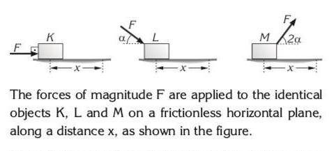 What is the relationship between the works done WK, W and WM by the forces of magnitude F on objects