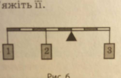 Маcа вантажу 1 - 10 кг, вантажу 2 5 кг (рис. 6). Визначте масу вантажу 3. 3 якою силою важіль тисне