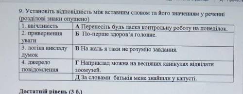 9. Установіть відповідність між вставним словом та його значенням у реченні(розділові знаки опущено)